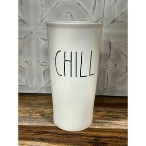Rae Dunn CHILL Ceramic Travel Mug with Lid Magenta Collection White 12 oz